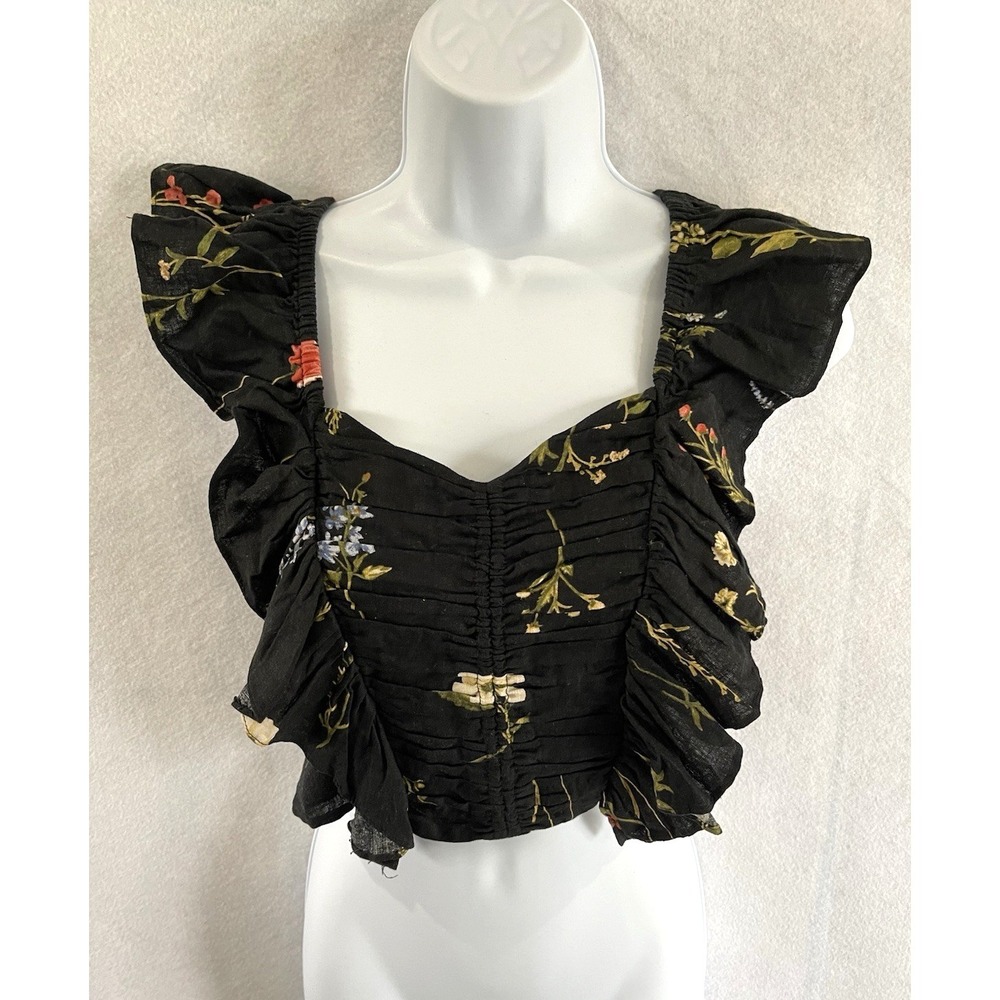 Y2K Black Floral Ruffle Corset Cropped Babydoll Top Small Linen Blend Whimsigoth